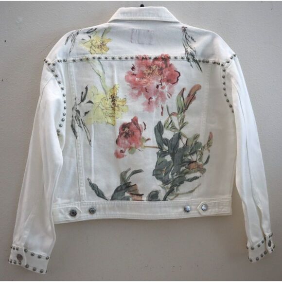Guess Women's Sz S Kikoi Flower White Cara Floral Studded Denim Jacket - Picture 2 of 14